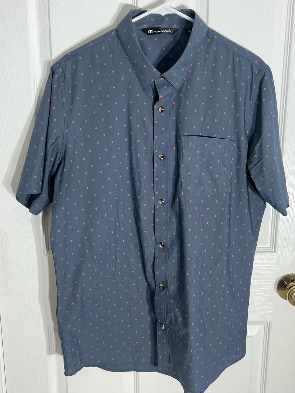 Travis Mathew Navy Short-Sleeve Button-Down with Pink Print